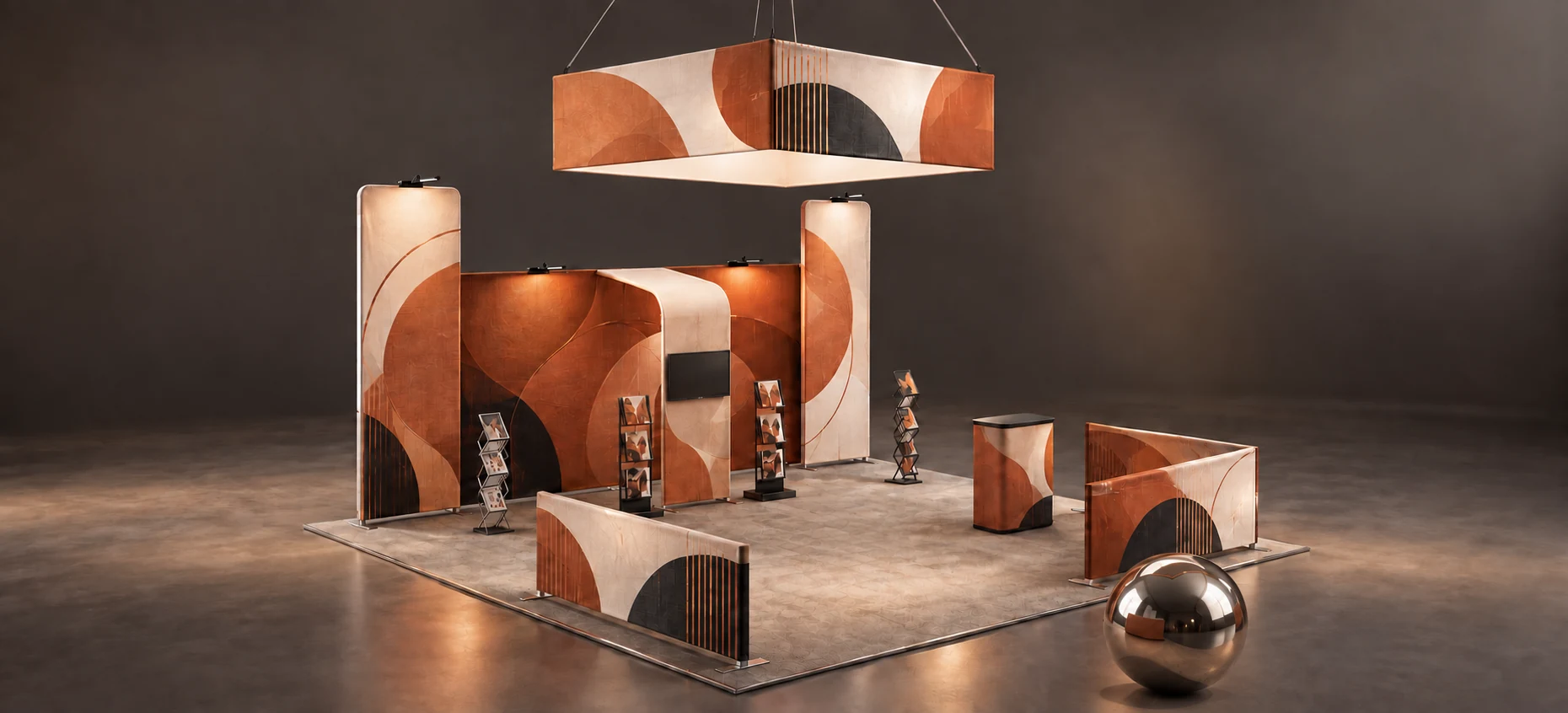 Concept rendering inspired by a Backdropsource exhibition layout: illuminated copper and ivory fabric displays, suspended banner, counters, and a decorative polished steel sphere outside the display mat